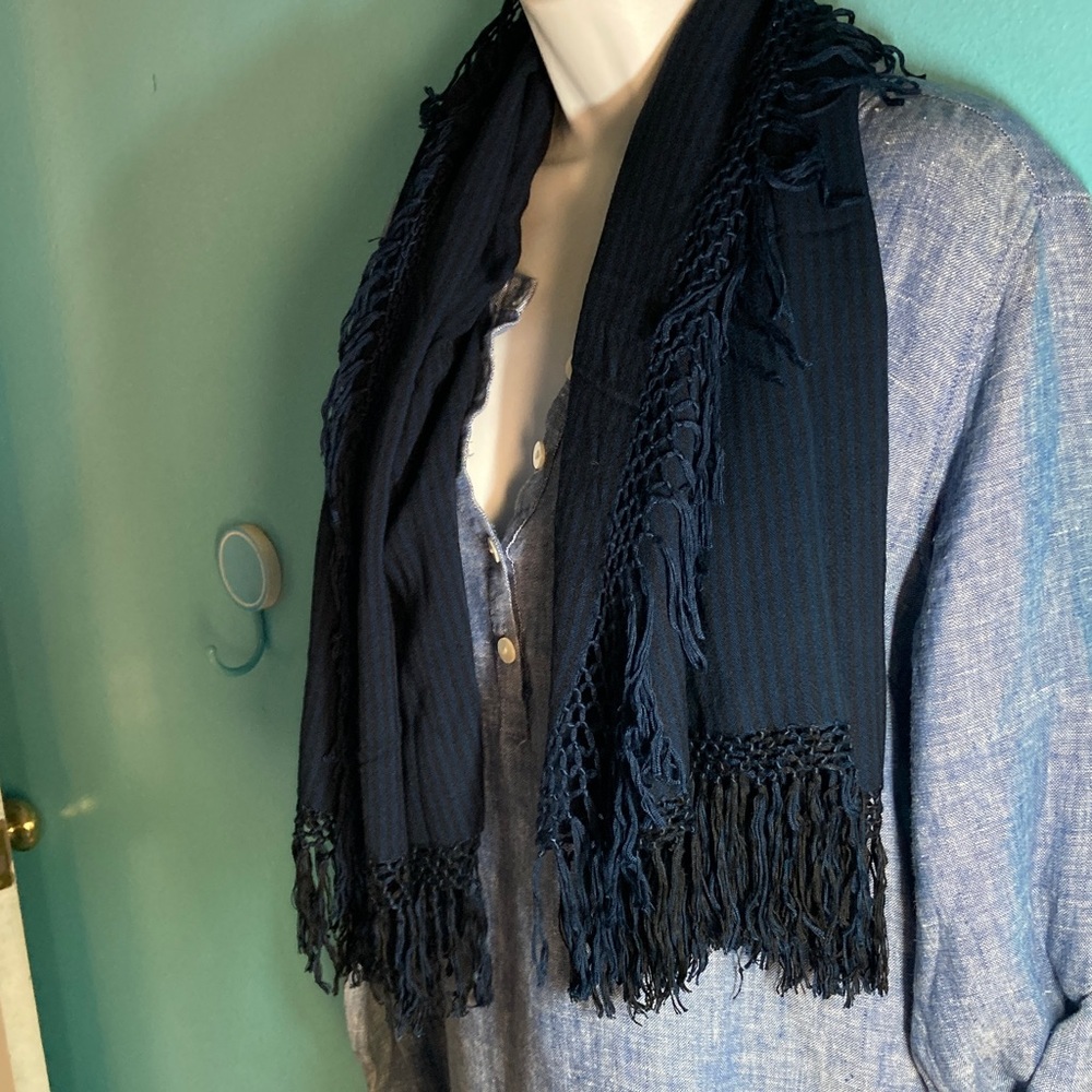 Blue & Black Striped Tienda Ho Handwoven Cotton Rayon Scarf 38" X 39"